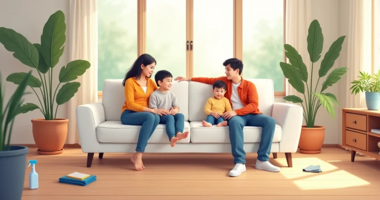 Família sentada em sofá protegido por impermeabilização, ambiente limpo e iluminado