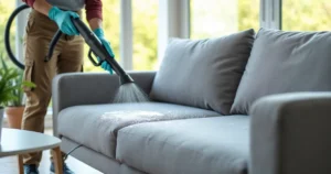 Sofá cinza sendo limpo com produto ecológico por profissional com equipamento de limpeza em sala iluminada