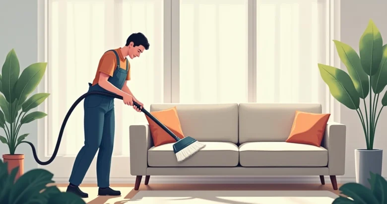 Sofá sendo limpo profissionalmente com equipamentos modernos em ambiente residencial claro