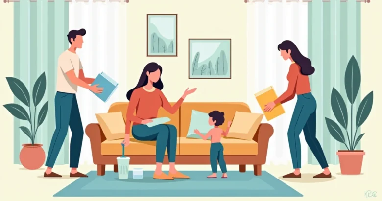 Ilustração flat corporativa de mulher limpando sofá com família ajudando ao redor em sala organizada e iluminada