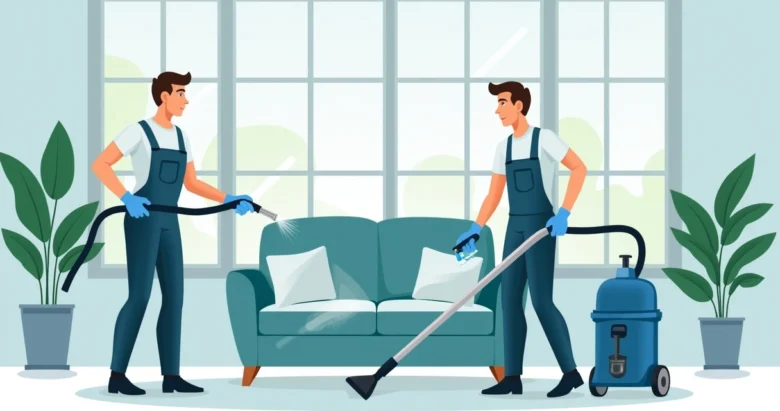 Ilustração corporativa de profissionais realizando limpeza de estofados com equipamentos modernos em ambiente residencial