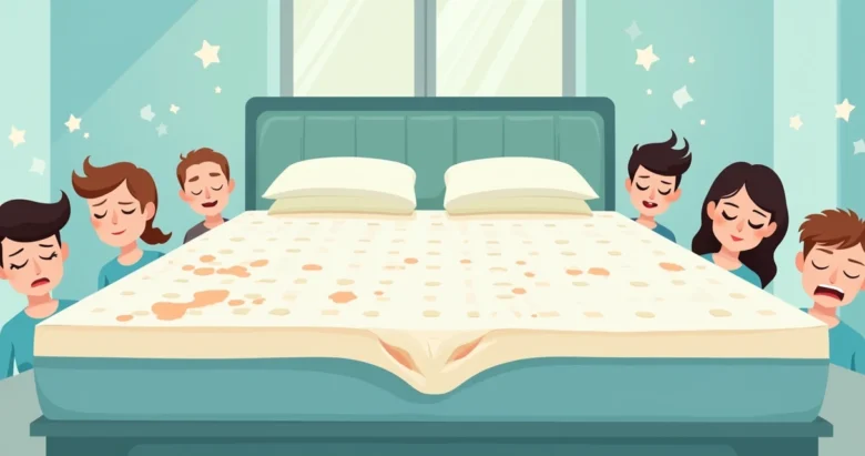 Ilustração de colchão com manchas, afundamento e pessoas com sono prejudicado ao redor