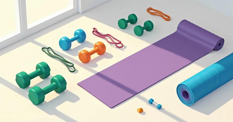 Ilustração corporativa plana de acessórios para alongamento em casa, incluindo faixas elásticas coloridas, tapete de yoga roxo, rolo de massagem azul, halteres verdes e mini-barras de exercícios organ