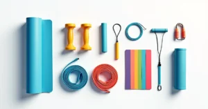 Conjunto de acessórios fitness modernos incluindo tapete de yoga, halteres, faixas elásticas, rolo de massagem e mini equipamentos em fundo branco minimalista