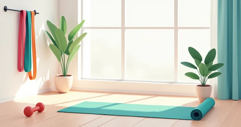 Ilustração corporativa plana de um espaço fitness em casa com tapete de yoga, halteres, faixas elásticas e rolo de massagem organizados