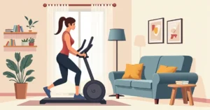 Mulher adulta fazendo exercícios simples com mini equipamentos de ginástica em casa, em ambiente claro e organizado