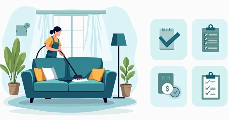 Ilustração corporativa plana de profissional limpando sofá moderno com equipamentos de higienização, com fundo de sala de estar organizada em cores claras e elementos gráficos de preços e checklist ao