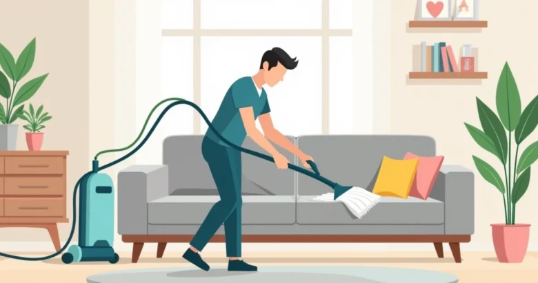 Ilustração corporativa de profissional limpando sofá com equipamento profissional em sala moderna