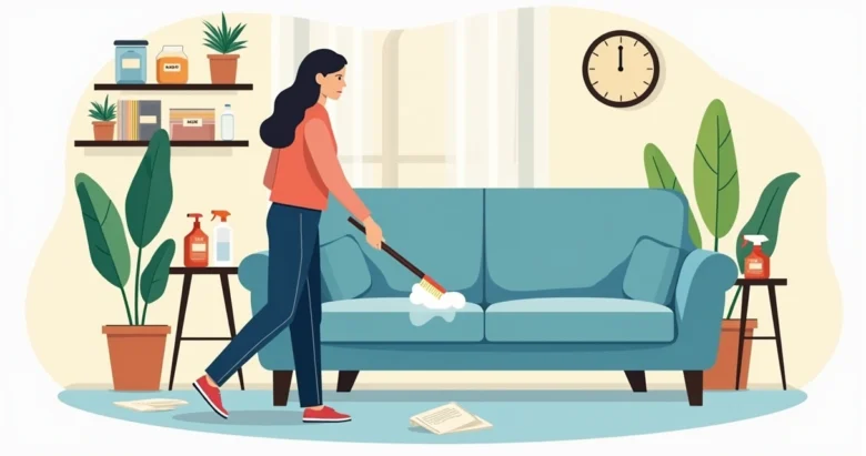 Pessoa limpando sofá com escova e produtos domésticos em sala moderna