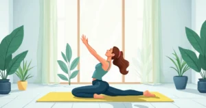 Mulher praticando yoga com tapete colorido em ambiente amplo e iluminado