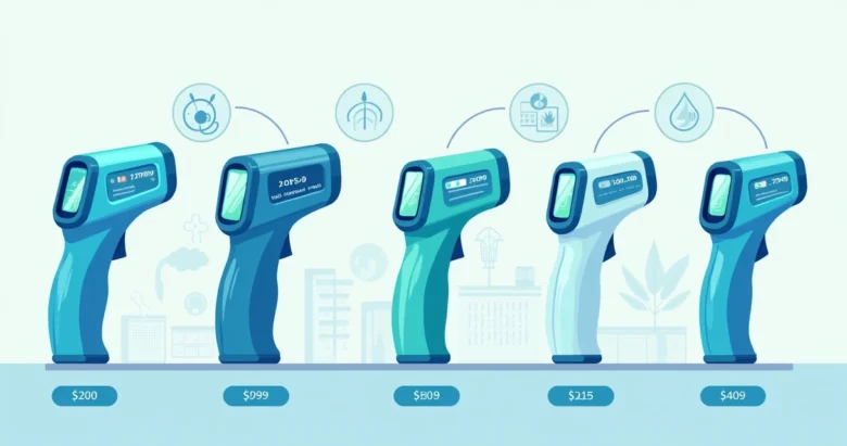 Ilustração corporativa de diferentes modelos de termômetros digitais com destaque para funções e preço em fundo claro