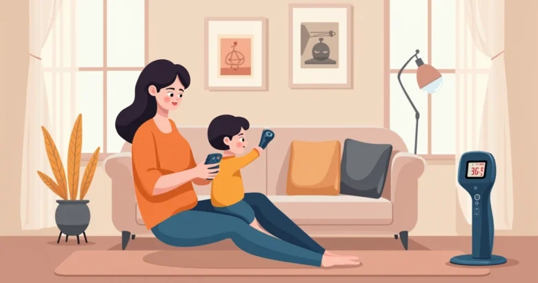 Termômetro digital sendo usado por uma mãe em filho pequeno em ambiente doméstico