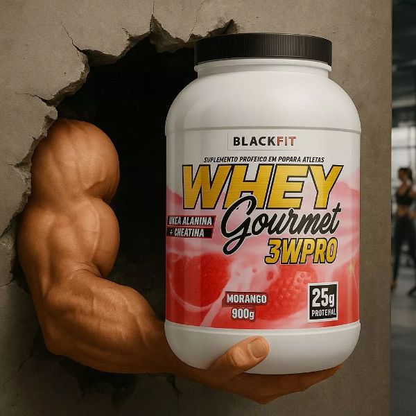 Ilustração corporativa plana de pote de whey protein 900g em destaque, com preço promocional em destaque